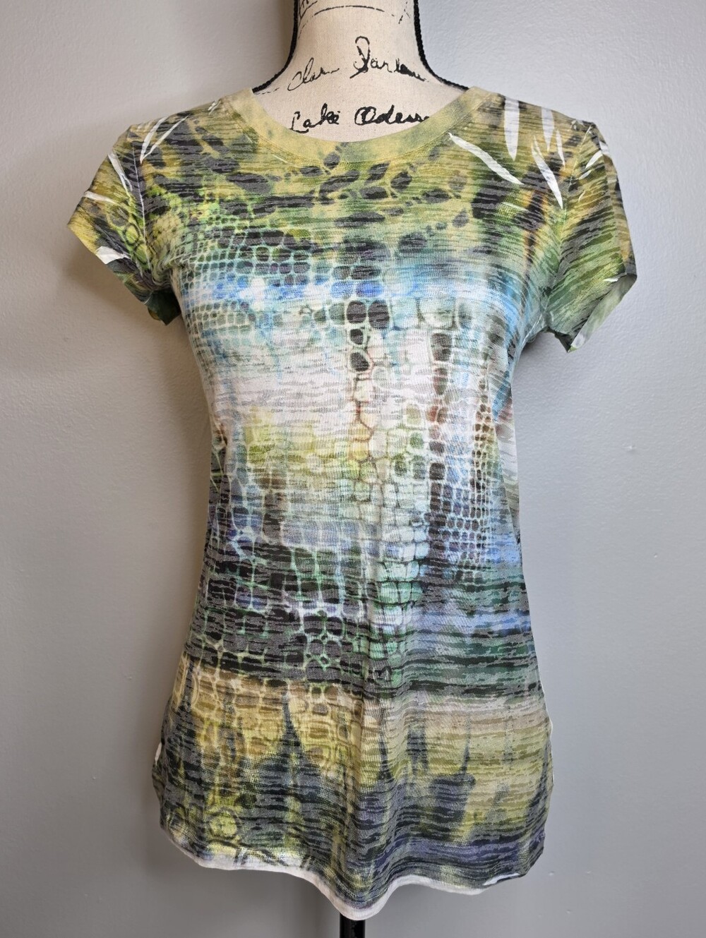 Y2k Maurices Multicolor Green Blue Cream Abstract Short Sleeve Top Sz M